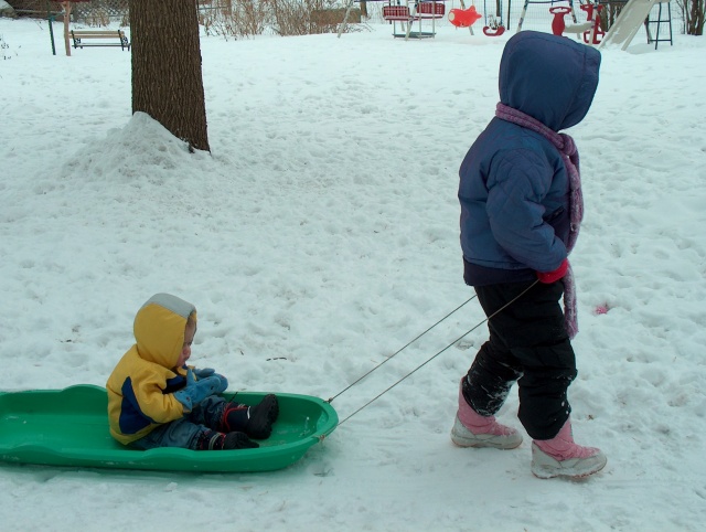 Sledding in the backyard.