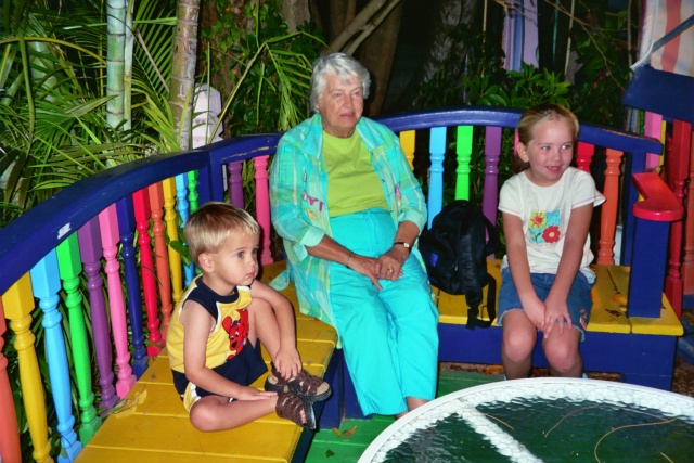 Grandma June, Kayla and Brandon waiting for a table at the Bubble Room