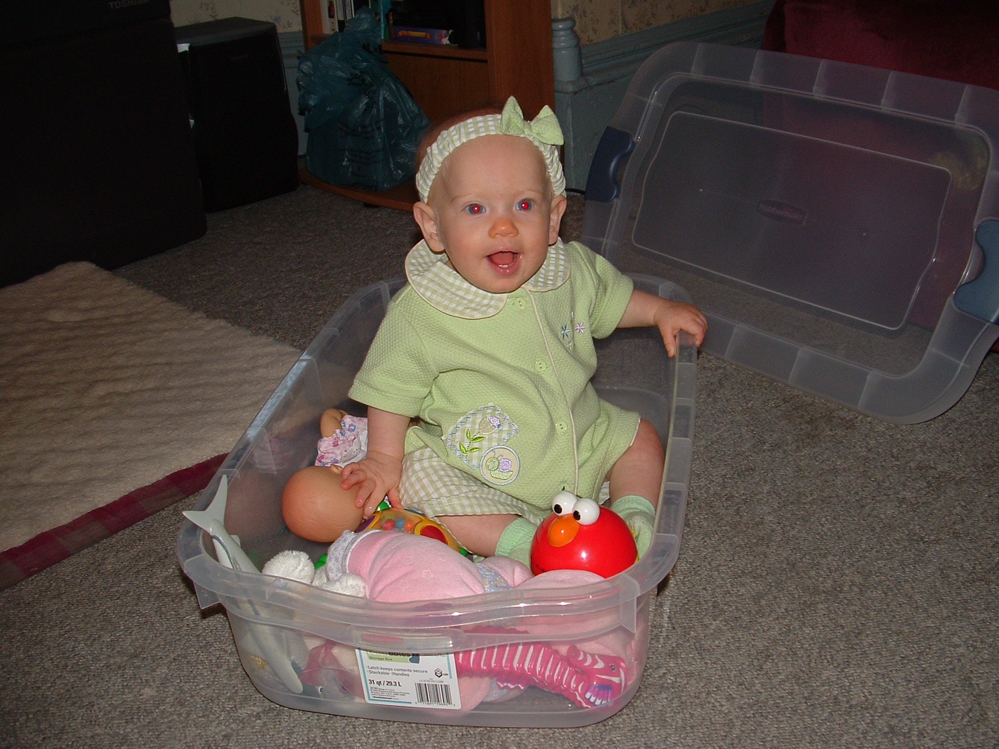 Ellie in her toy box at Grandma's